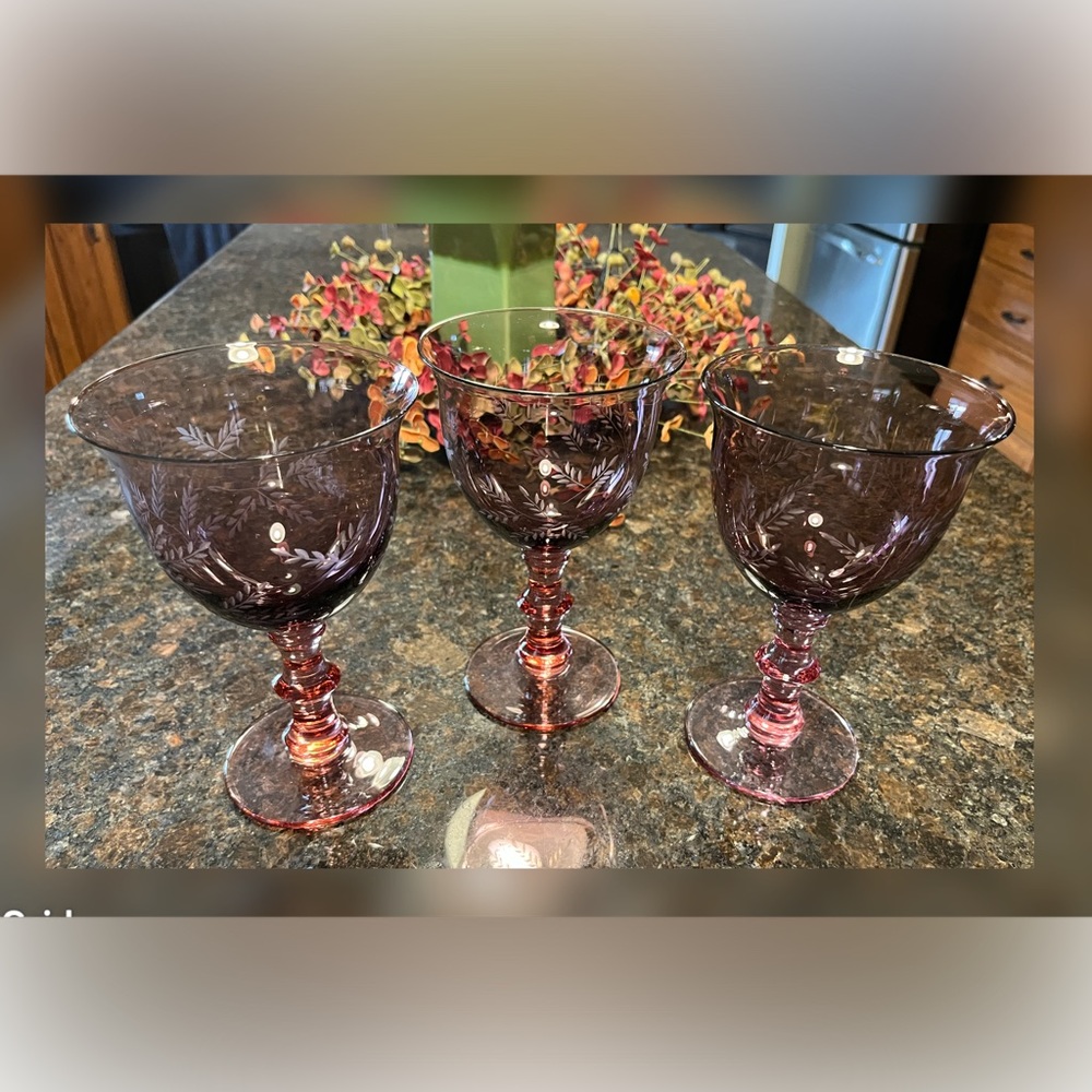 Vintage-Set of Three Purple Wheat Etched Wine/Water Goblets. - Picture 1 of 5